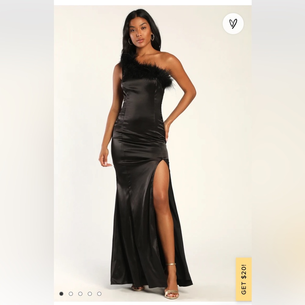 Lulu’s Black Satin Feather One Shoulder Maxi Dress - LIKE NEW